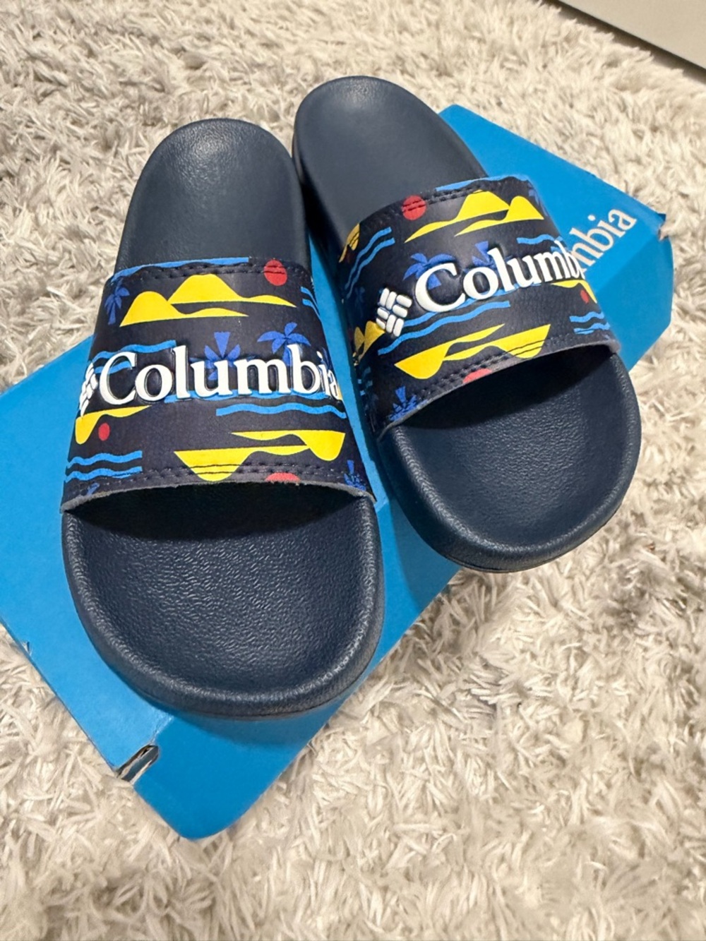 Columbia Navy Slides with Yellow & Blue Tropical Accents